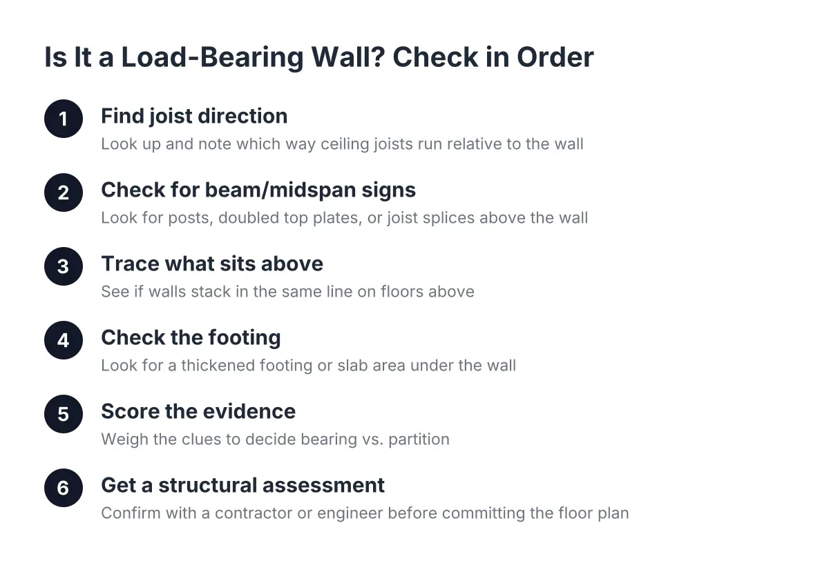 Step-by-step diagram for checking if a basement wall is load-bearing