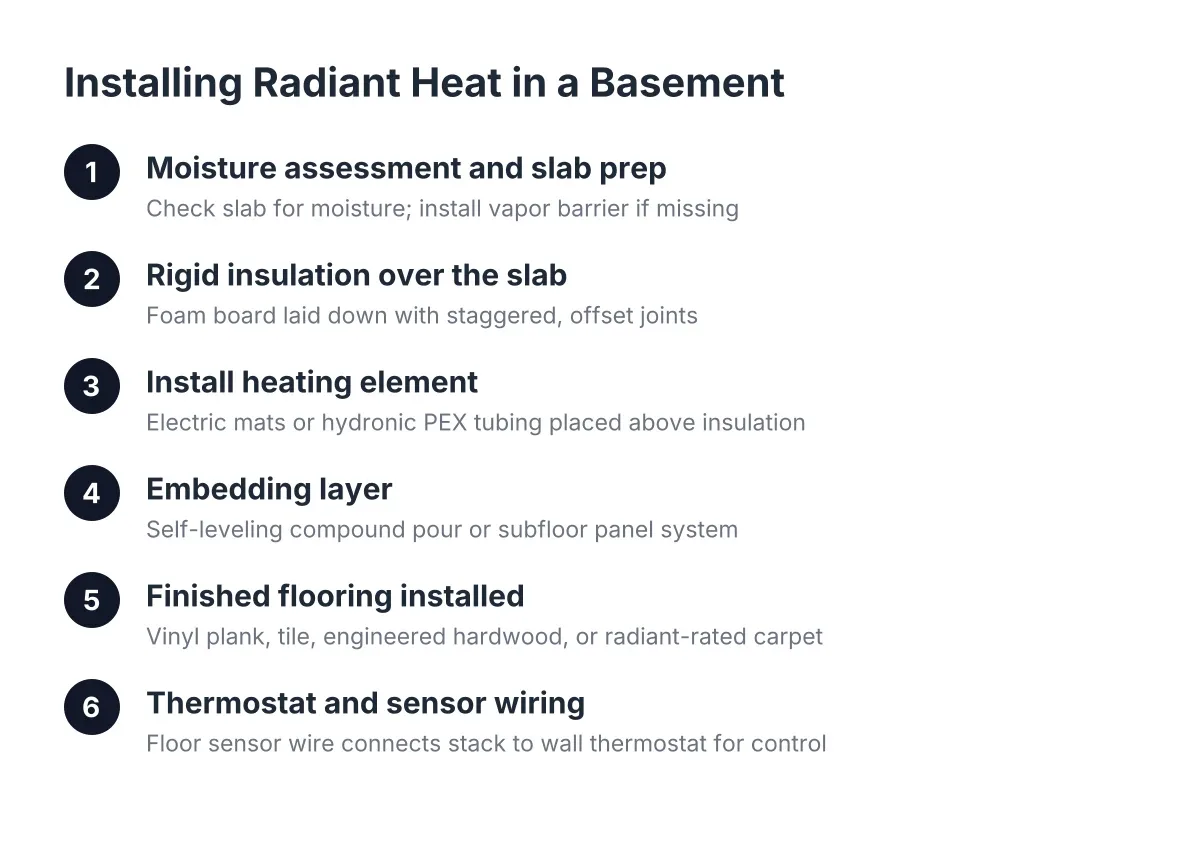Steps showing how a radiant heating system is installed in a finished basement floor
