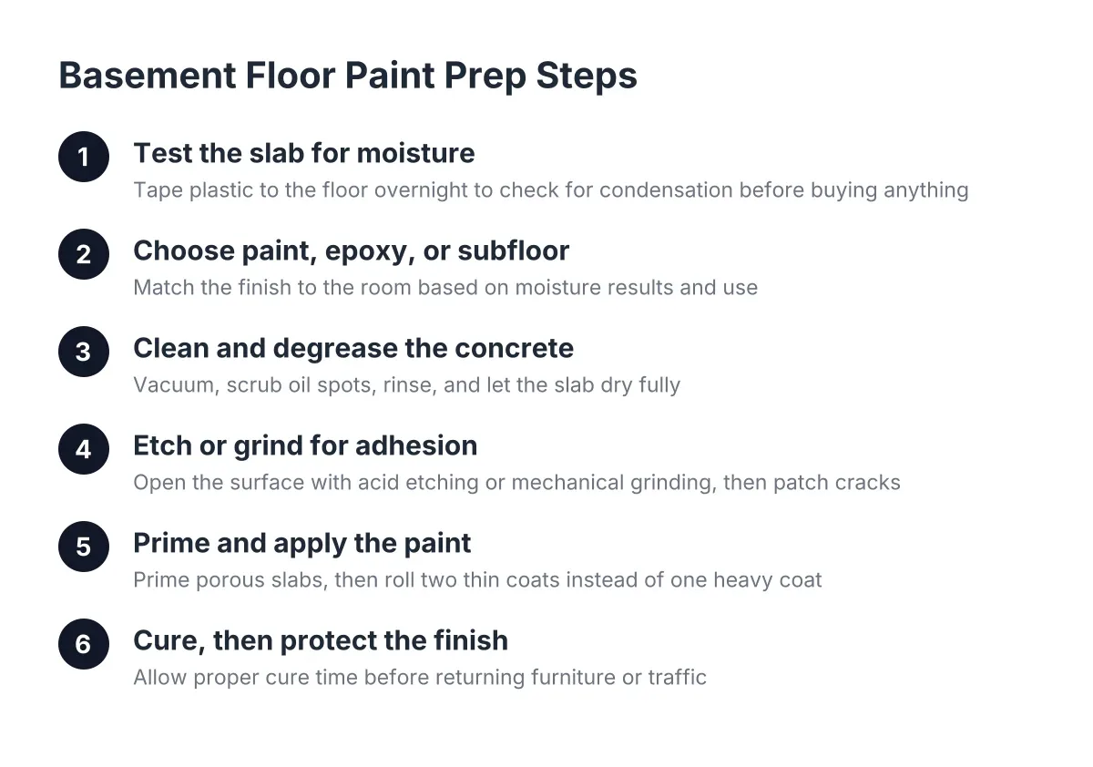 Numbered steps for basement floor paint prep from moisture testing to curing