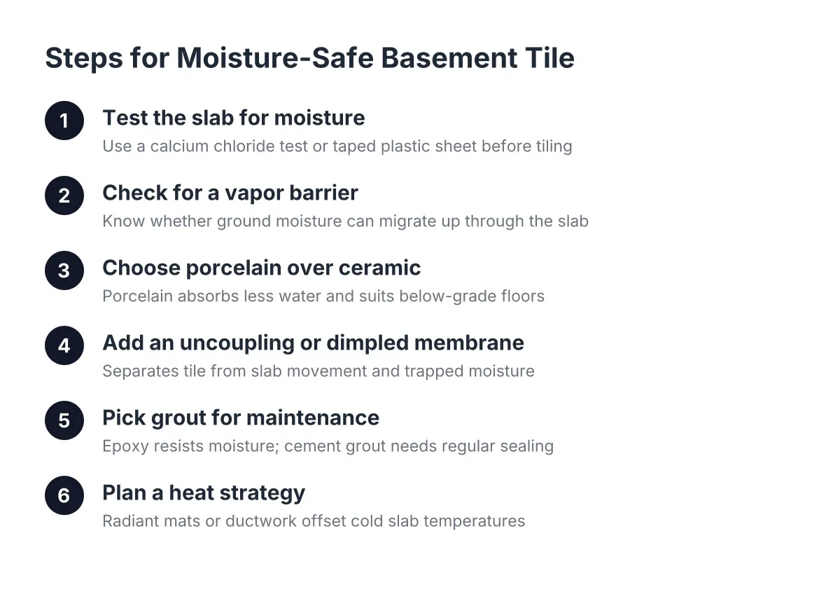Process steps for installing tile basement flooring with moisture protection