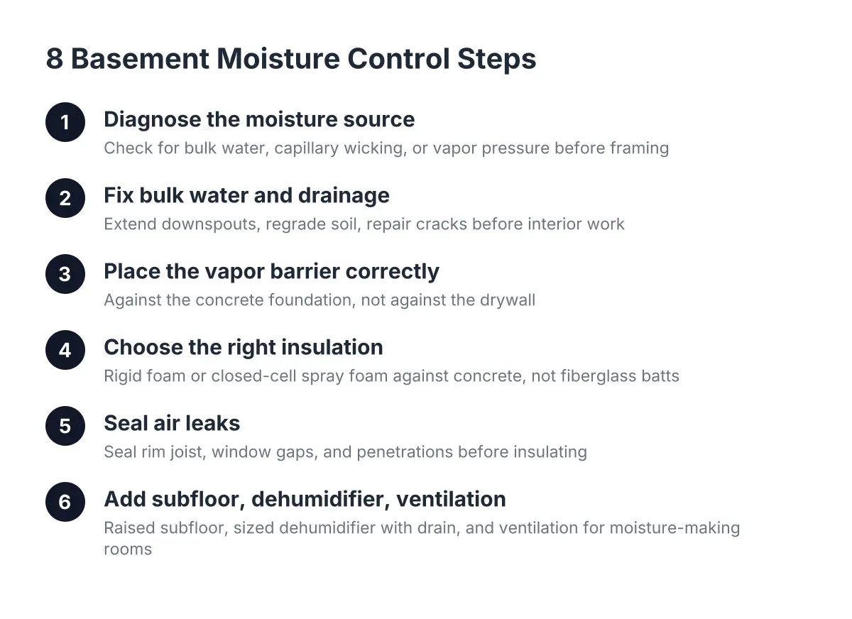Sequence diagram of basement moisture control steps before finishing a basement